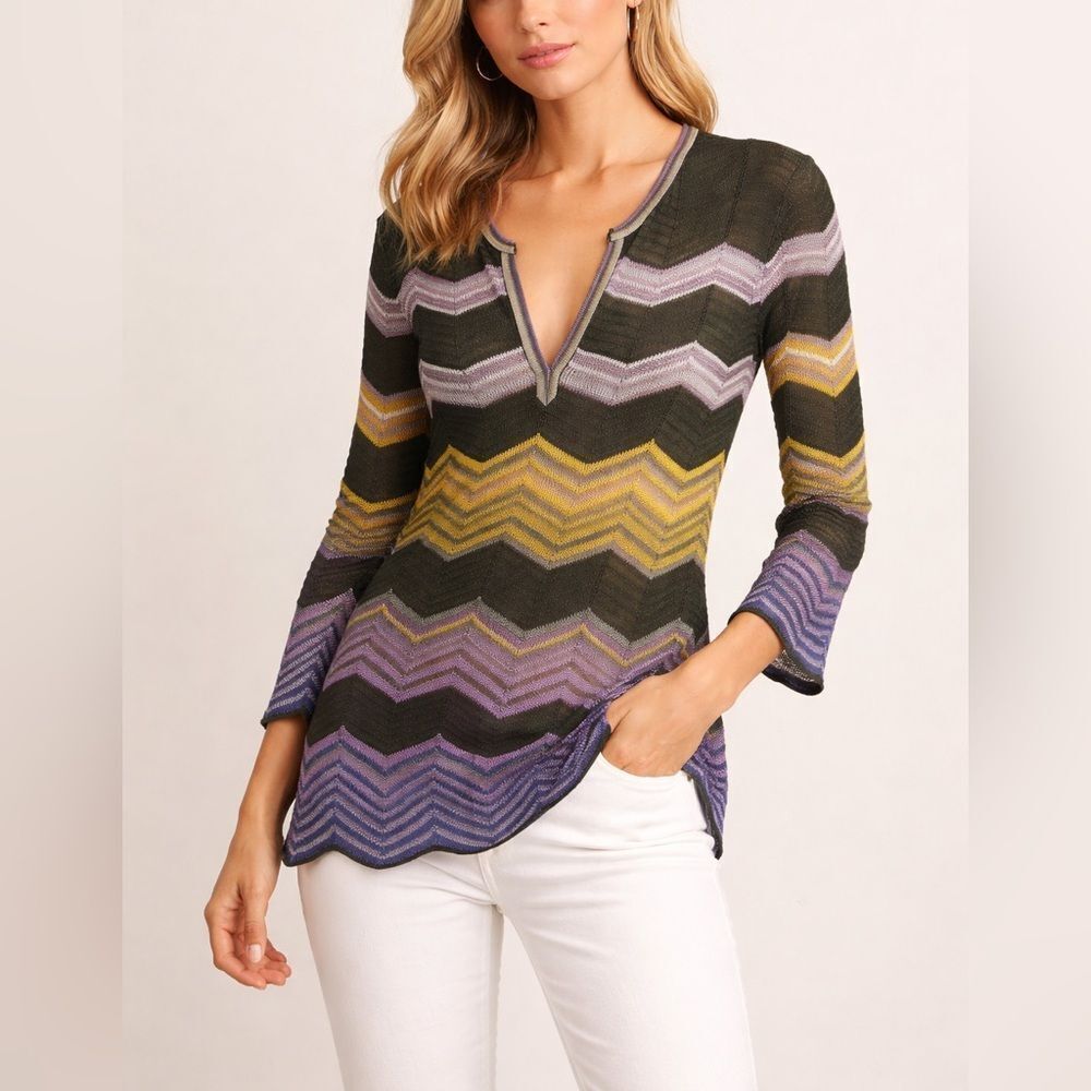 Missoni Chevron Knit Tunic Top Olive Purple Yellow Long Sleeve Size 8